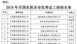 授予周文良等23人“2016年全國水泥企業(yè)優(yōu)秀總工程師”稱號