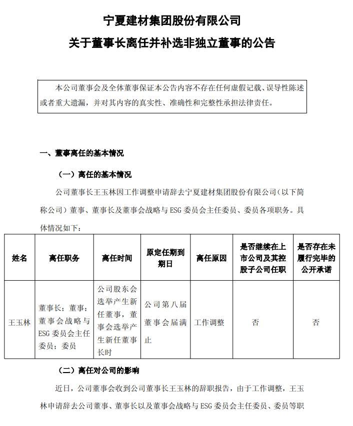 寧夏建材多位高管變動！董事長王玉林因工作調(diào)整離任！